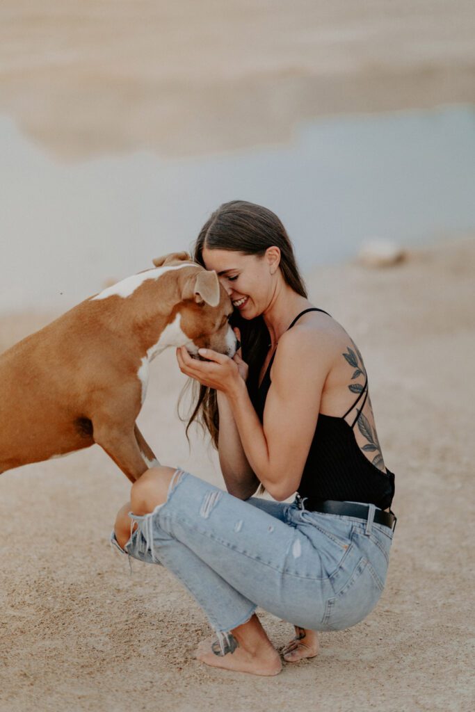 Der hellbraune Amstaff Toni frisst während einem Outdoorshooting in einer Sandgrube seinem glücklichen Frauchen und hält sein Kopf an ihren