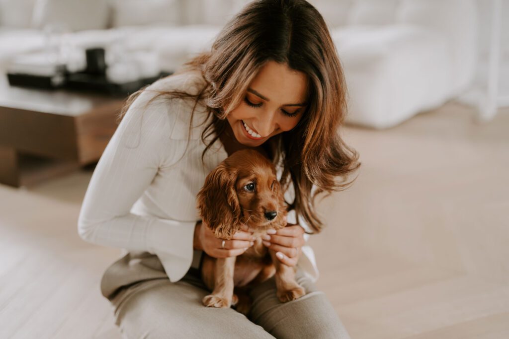 English Cocker Spaniel und seine Besitzerin im gemütlichen Wohnzimmer in Amsterdam