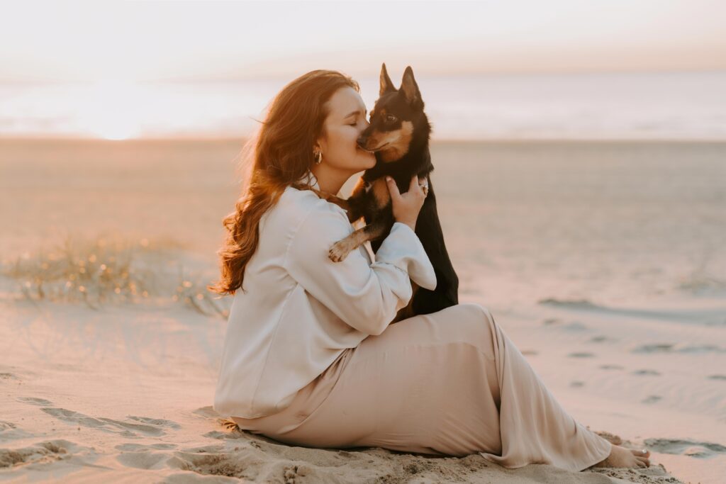 Hundefotografie-Shooting mit Hund und Besitzerin am Strand bei Sonnenuntergang in Holland